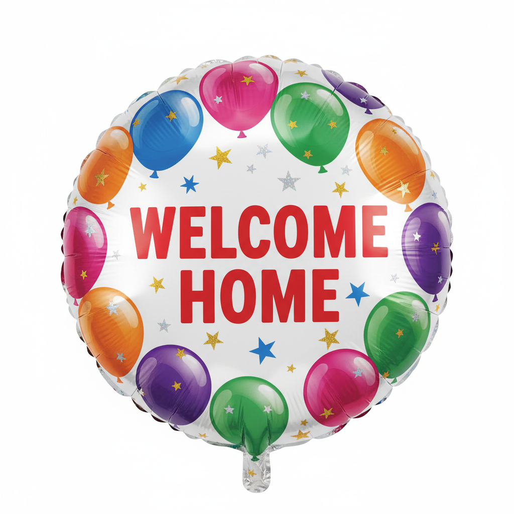 Welcome Home foil balloon with colorful stars and balloons design by Lupitas Gift And Party Supplies