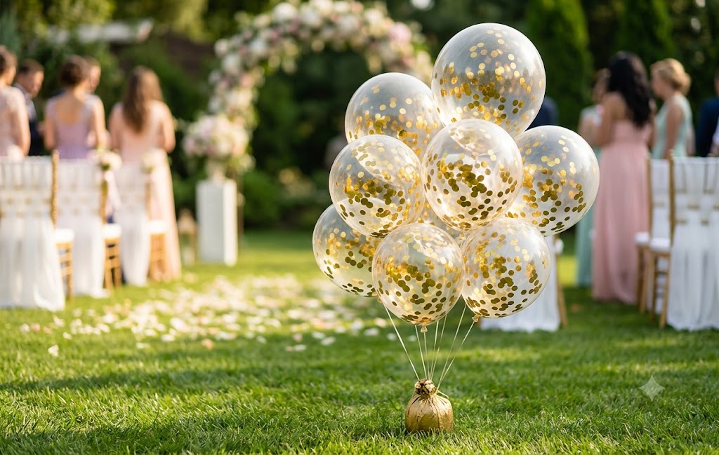 Gold confetti latex balloon arrangement by Lupitas Gift And Party Supplies