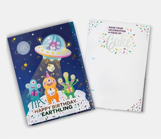 Alien birthday cake card with UFO and alien design by Lupitas Gift And Party Supplies