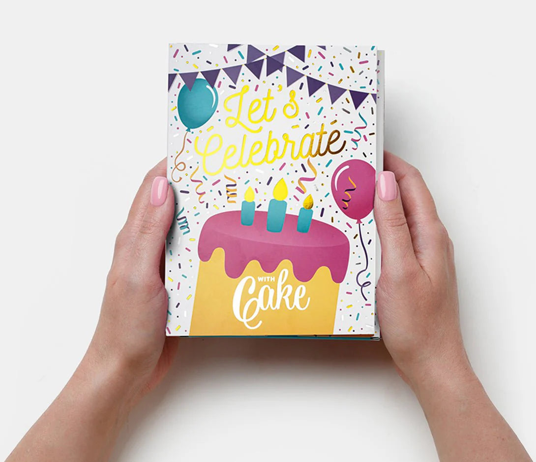 Let's Celebrate gold greeting card front view by Lupitas Gift And Party Supplies