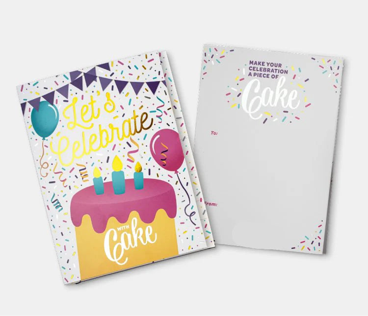 Let's Celebrate gold cake greeting card by Lupitas Gift And Party Supplies
