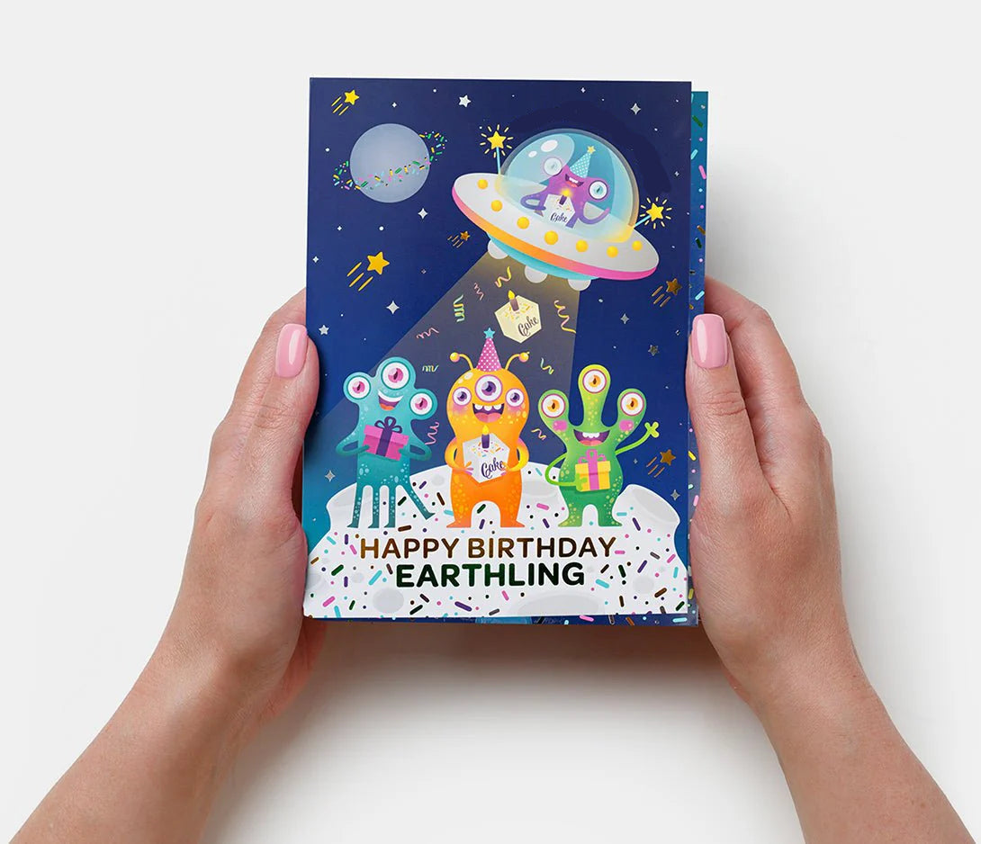 Alien birthday cake card side view by Lupitas Gift And Party Supplies
