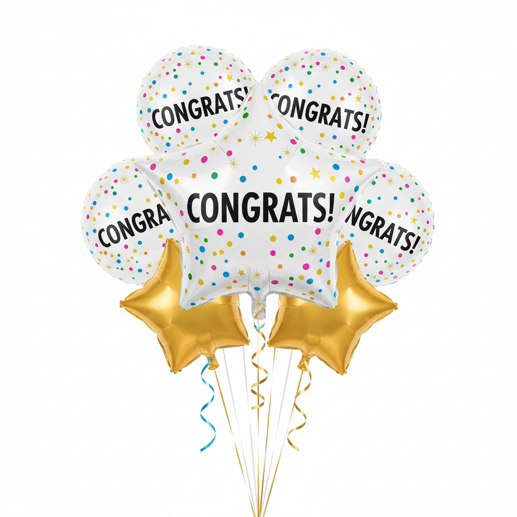 Congrats foil balloon bouquet with gold star balloons and colorful confetti dots by Lupitas Gift And Party Supplies