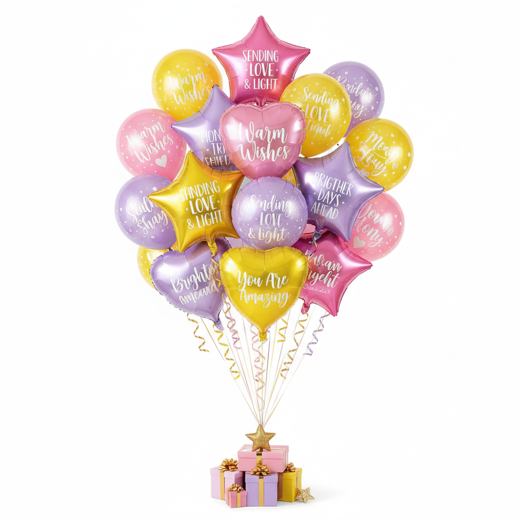 Warm Wishes Mylar assorted balloon bouquet white background by Lupitas Gift And Party Supplies