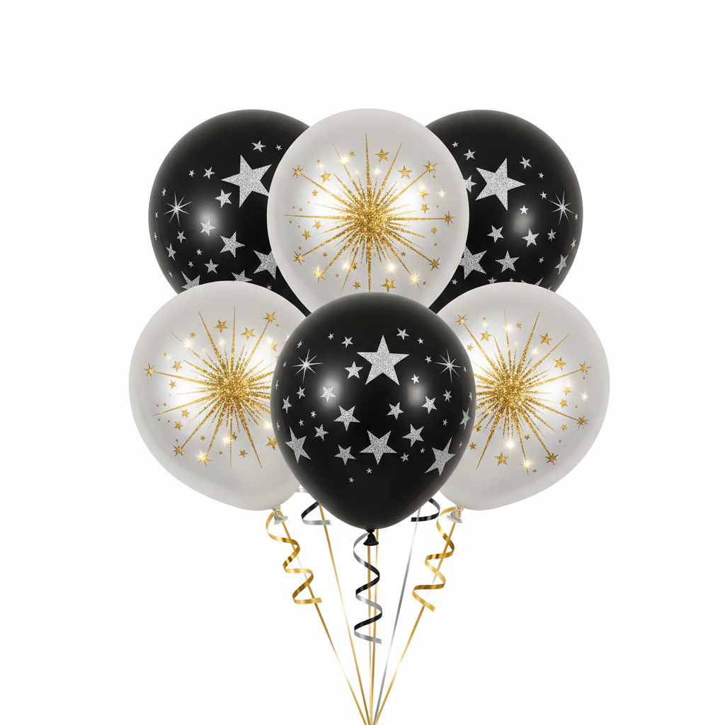 Bouquet of 5 black and silver star-patterned latex balloons by Lupitas Gift And Party Supplies