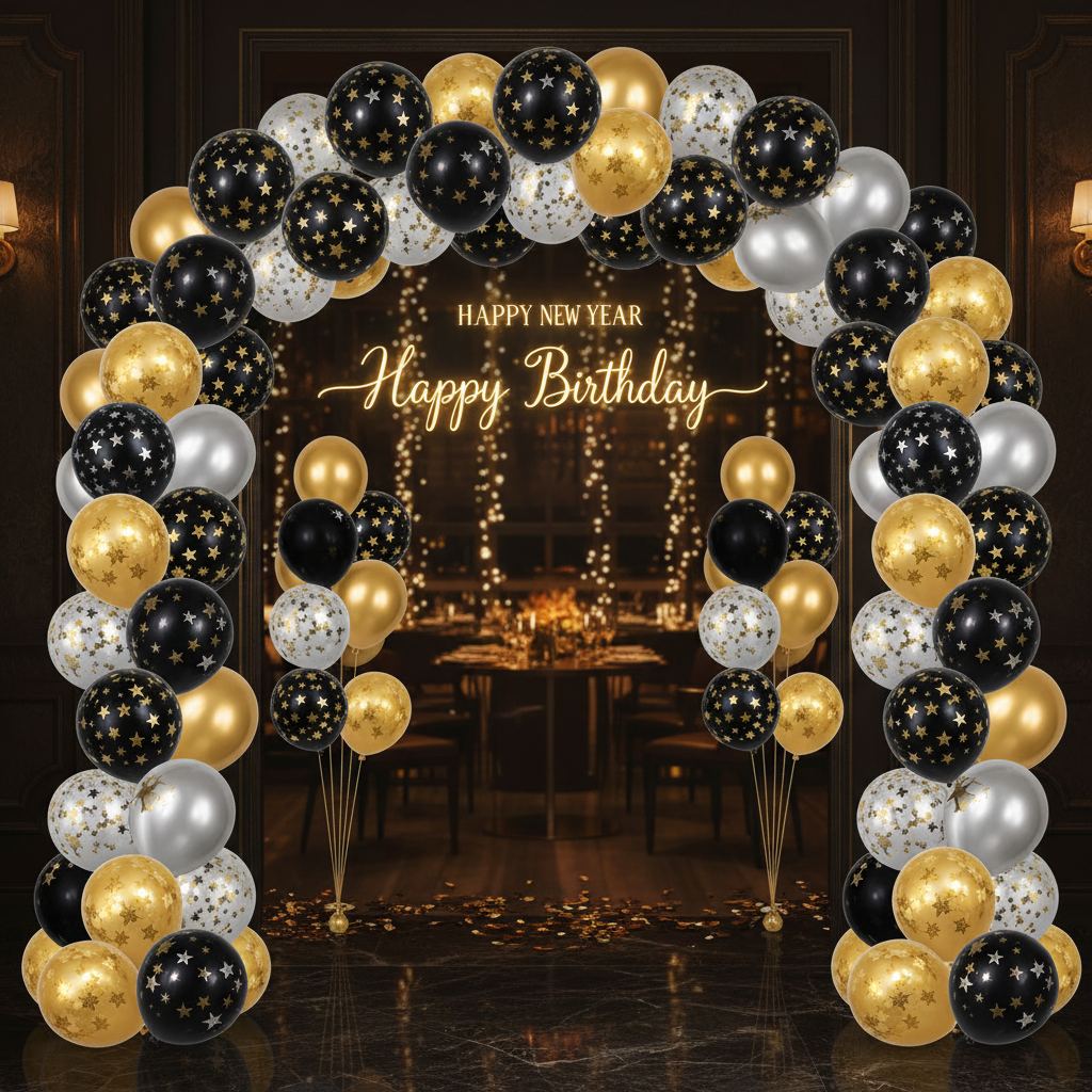 Party decoration with black and silver star sparkle latex balloons by Lupitas Gift And Party Supplies