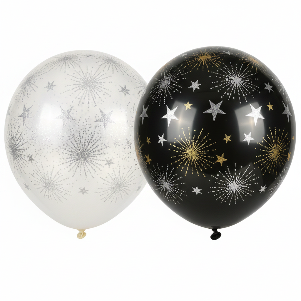 11 inch black and white latex balloons with silver sparkle and starburst patterns by Lupitas Gift And Party Supplies